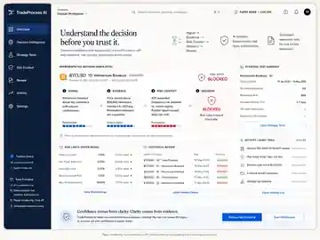 Representative TradeProcess AI decision explanation workspace showing signal, evidence, risk context, and a reviewable decision