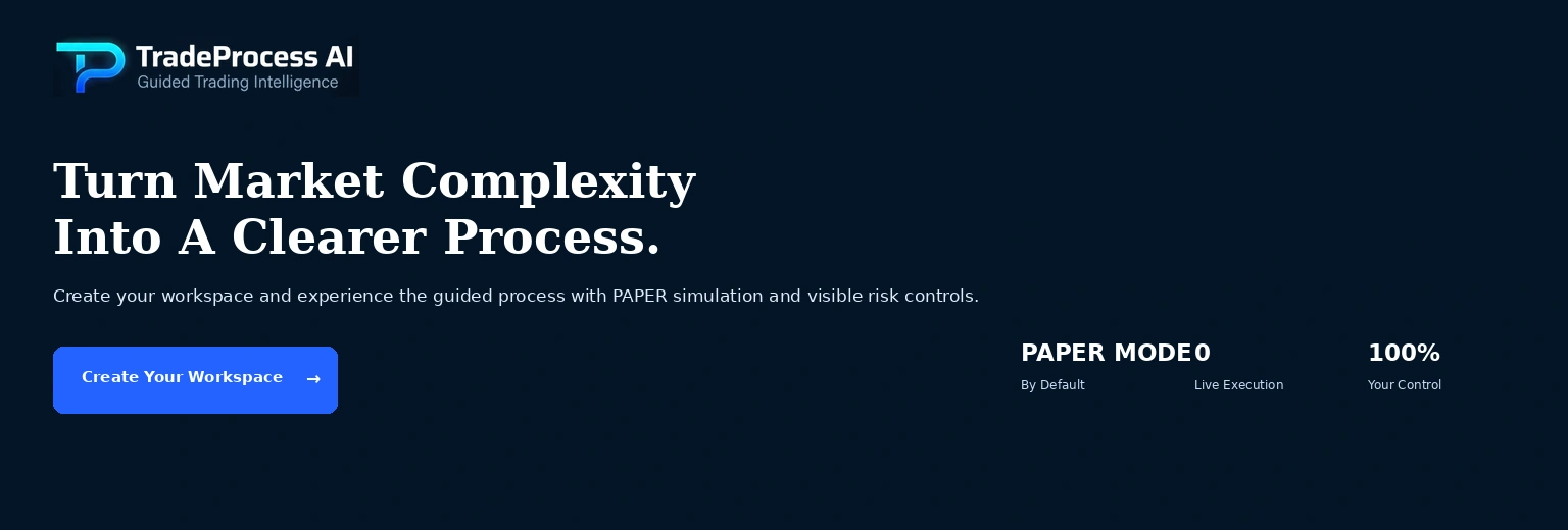 Illustrative TradeProcess AI closing call-to-action banner for the PAPER simulation workspace.
