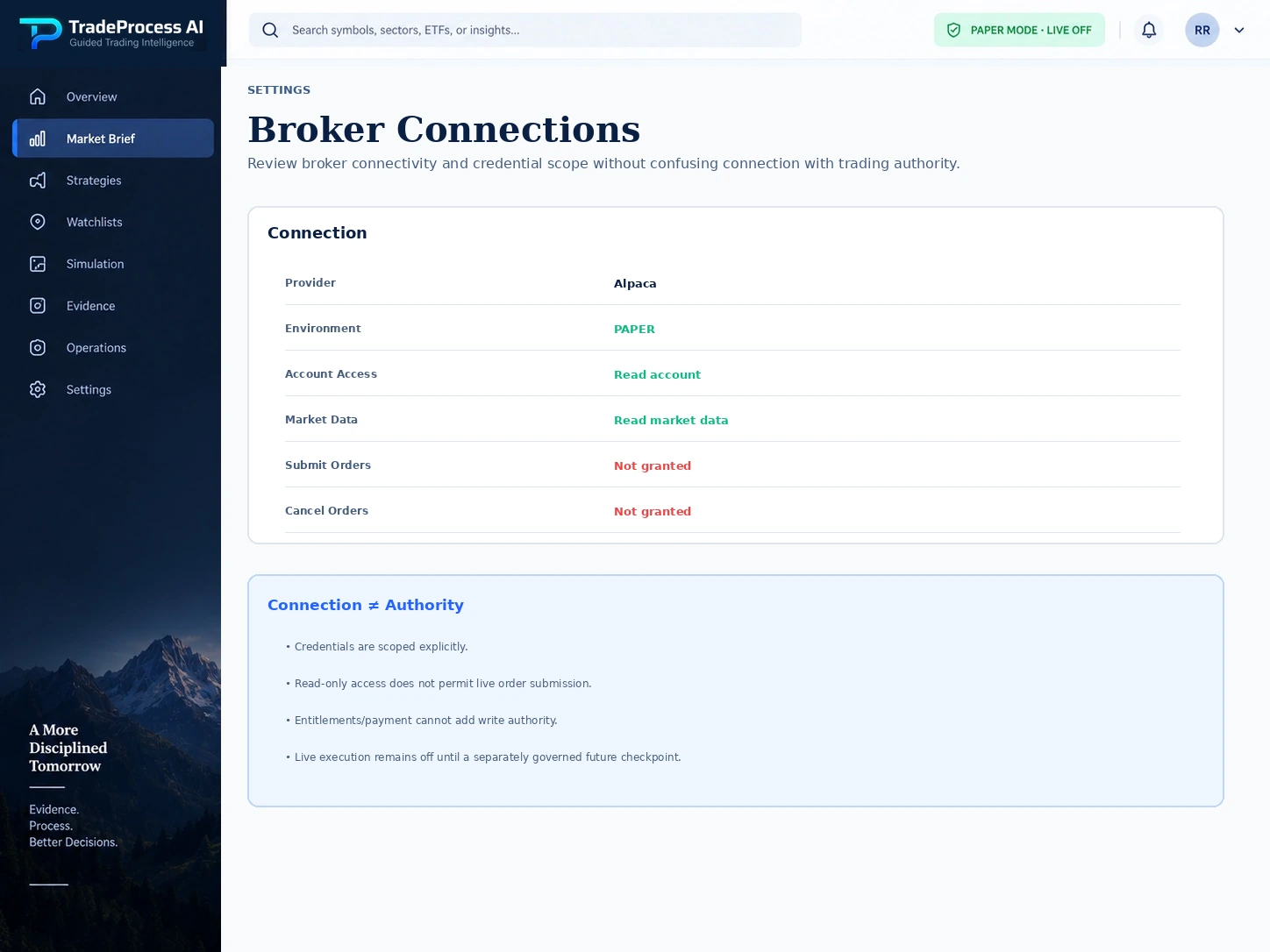 TradeProcess AI illustrative broker connections screen.