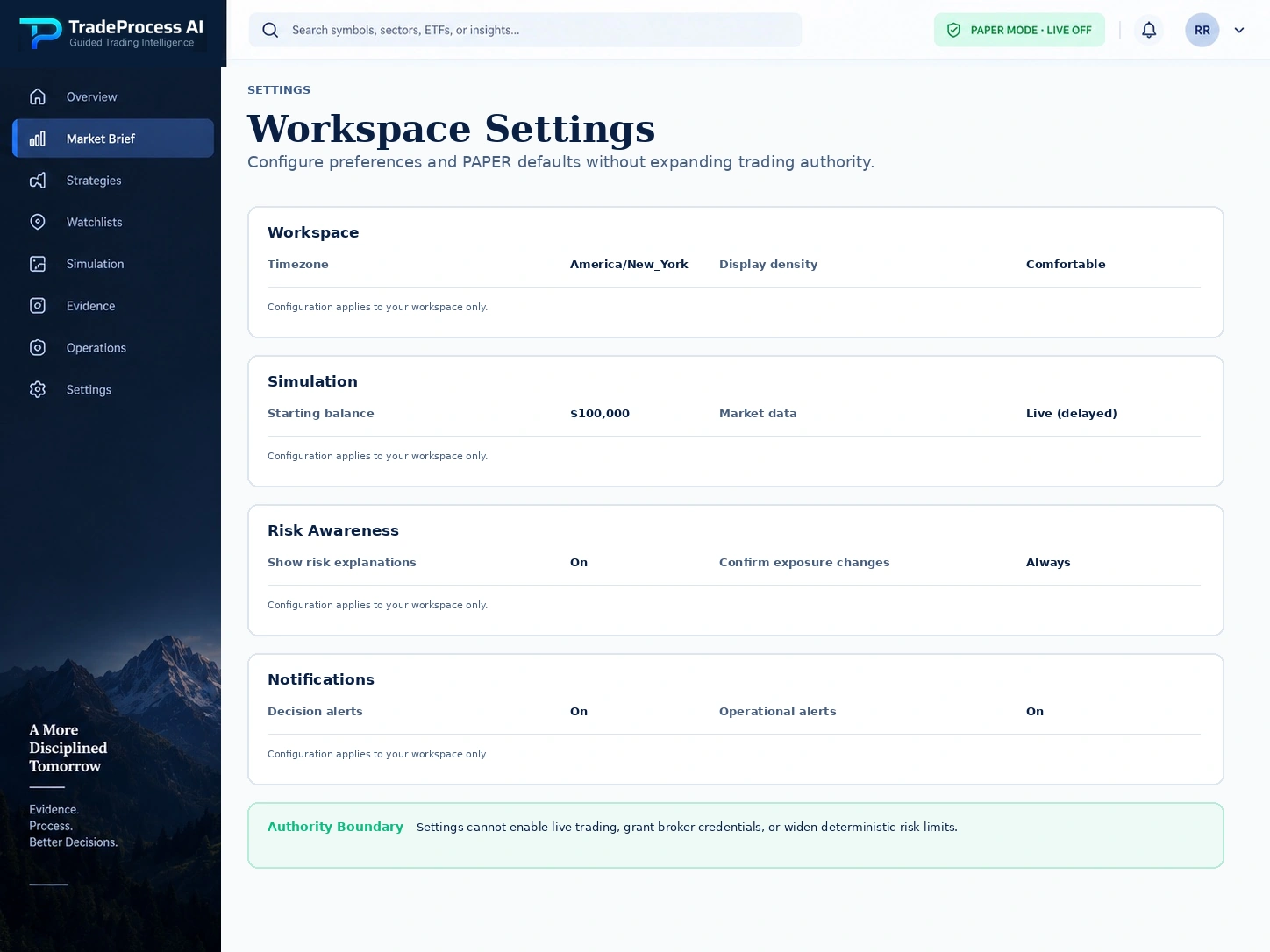 TradeProcess AI illustrative workspace settings.